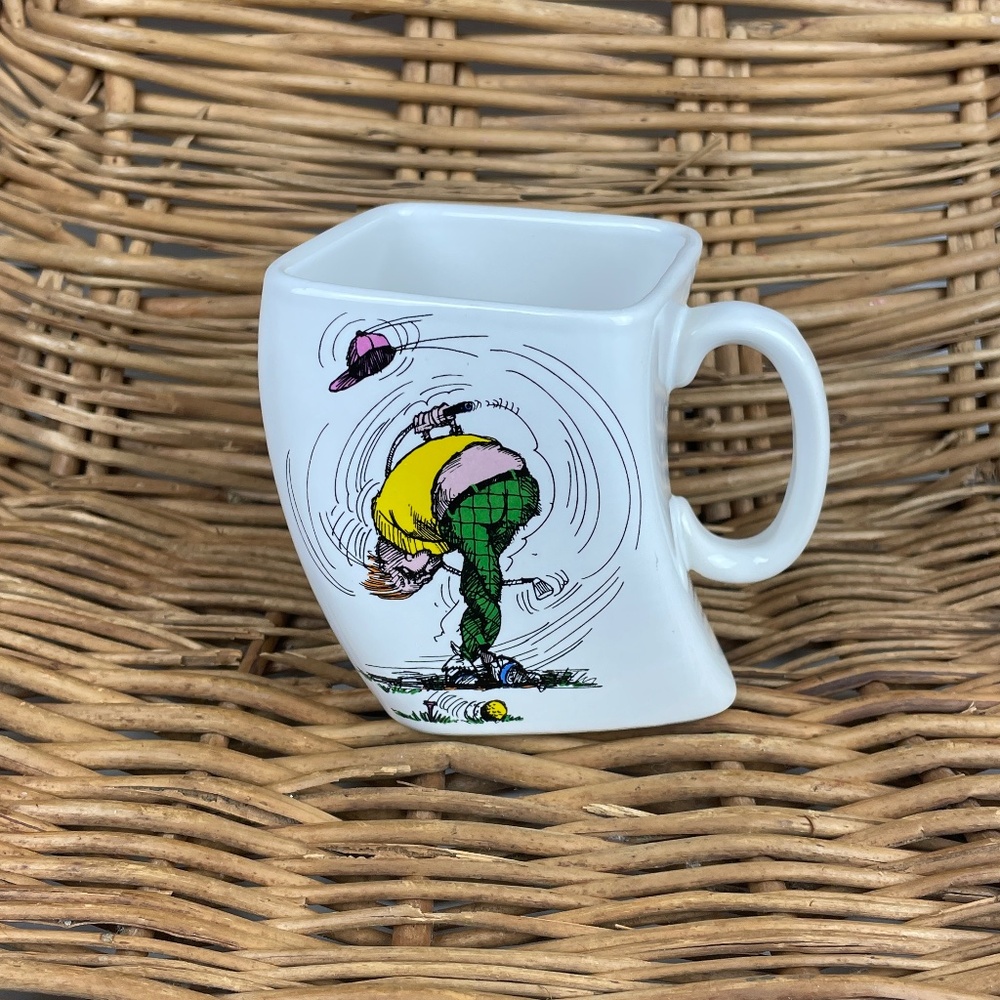 Vintage 1990s GOLF MUG White Ceramic Coffee Mug Golfer Cartoon Over Swing